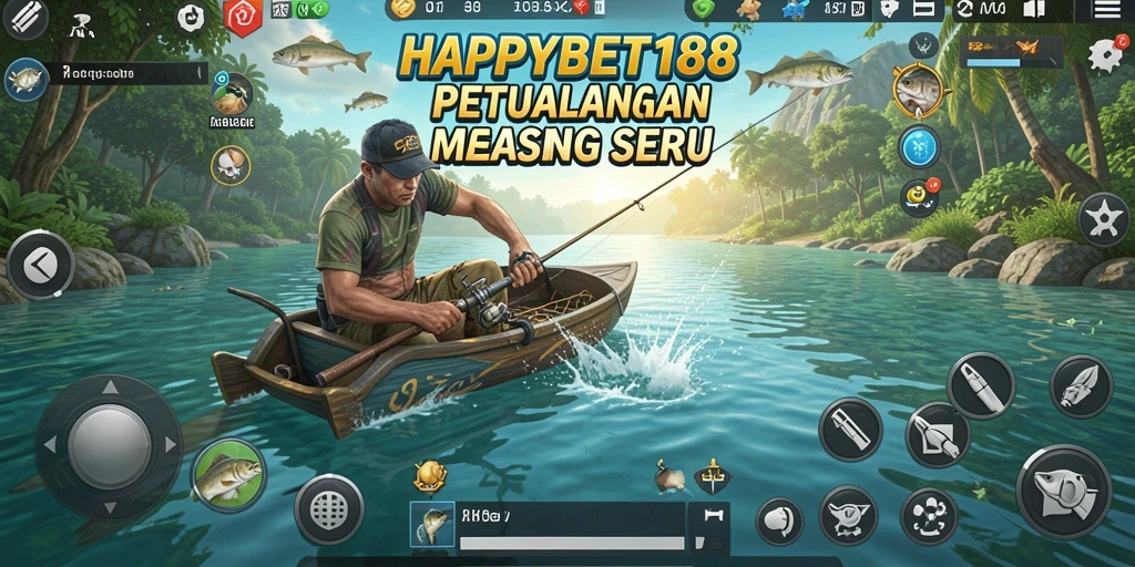 Tampilan gameplay <strong>HAPPYBET188</strong> yang menarik saat menangkap ikan di lokasi indah.