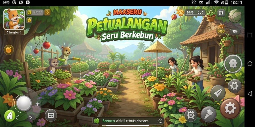Screenshot gameplay MAXSERU menampilkan kebun yang rimbun dan berwarna-warni.