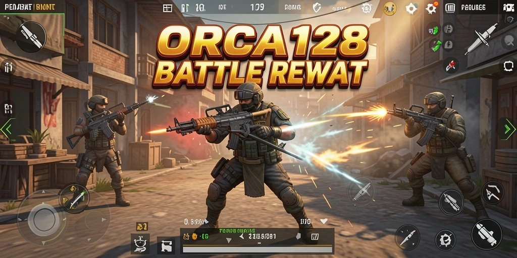 Tampilan gameplay ORCA128 dengan aksi intens Battle Royale.