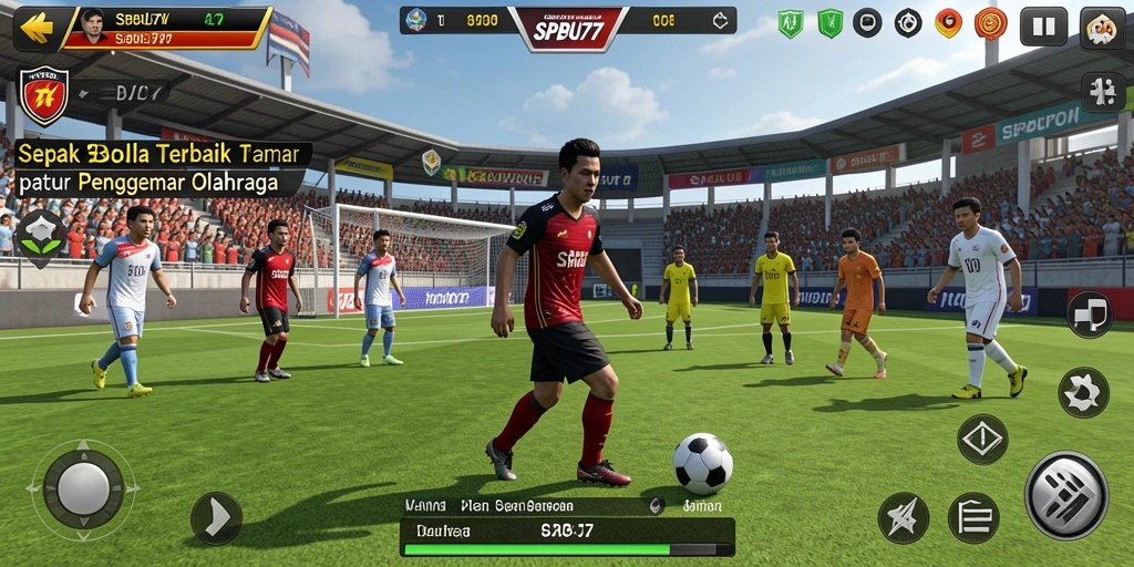 Tampilan gameplay SPBU77 yang mendebarkan dengan aksi sepak bola intens.